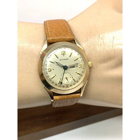 Wittnauer Men's Watch 2101 Vintage Swiss Hand Wind Day Date 33mm Leather Strap - Picture 13 of 16